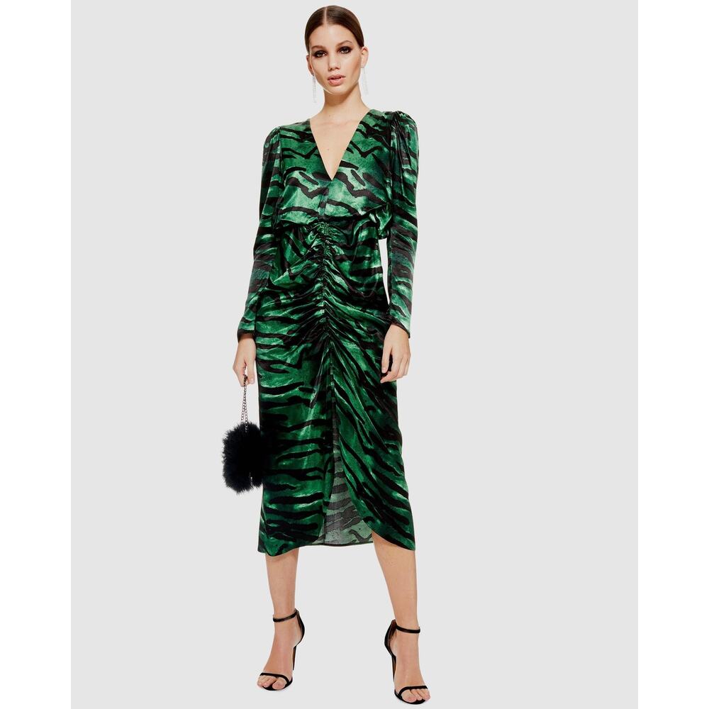 Topshop Green Zebra Print Midi Dress Ruched Front Long Sleeve V Neck Sz 8